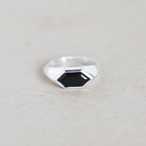 Image of Black Agate hexagon cut silver signet ring
