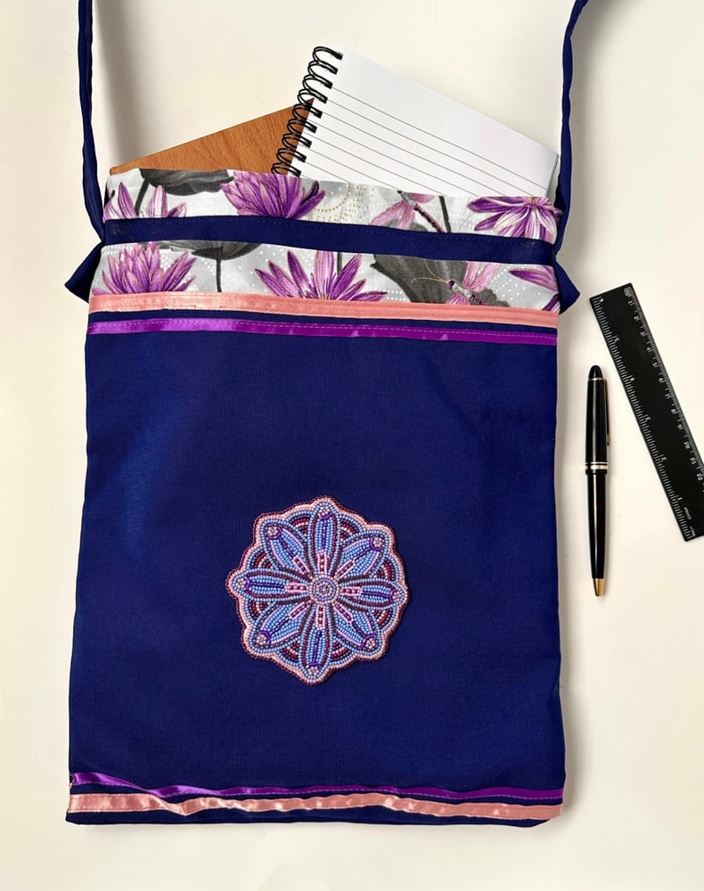 Image of Indigo Crossbody purse with Large Floral Beadwork