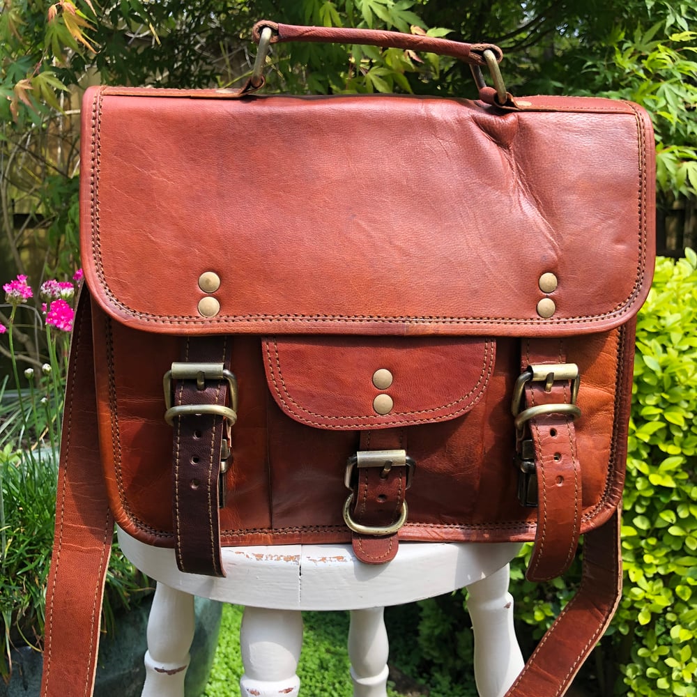Image of 11”x9” - iPad-Size #8 -Handmade Leather Bag with Pocket & Handle