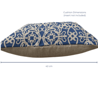 Image 5 of Fretwork Cushion Cover in Blue on Natural Linen