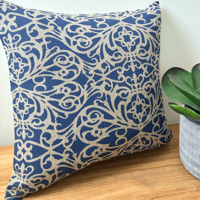 Image 1 of Fretwork Cushion Cover in Blue on Natural Linen