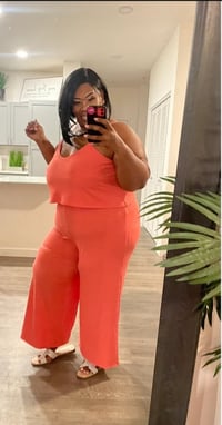 Image 1 of PLUS SIZE WIDE LEG GAUCHO STYLE SPAGHETTI STRAP JUMPSUIT CORAL