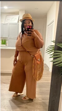 Image 1 of PLUS SIZE WIDE LEG GAUCHO STYLE SPAGHETTI STRAP JUMPSUIT CAMEL 