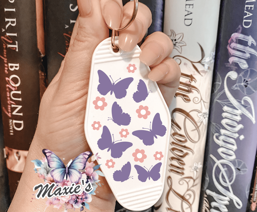 Image of Butterflies & Flowers Graphic Design UVDTF Motel Keychain Decal 