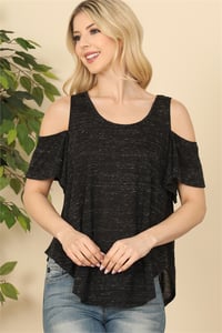 Image 1 of Black Heathered Cold Shoulder Flutter Sleeve Top