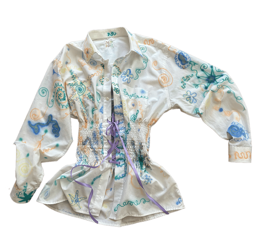 Image of Airbrushed, Ruched & Laced Upcycled Button-up 