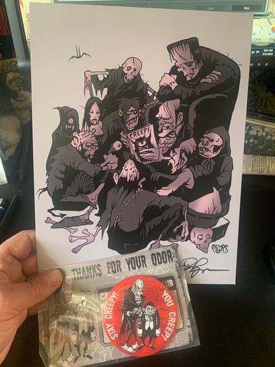 Image of FAMOUS MONSTERS - signed print n button 