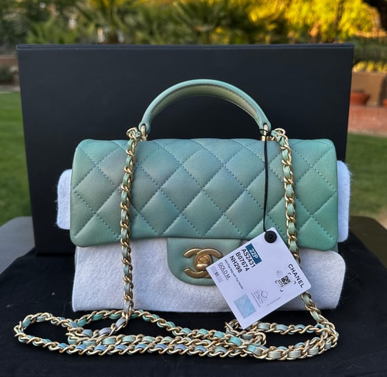 Image of NWT Chanel Mini Rectangular Flap Bag with Top Handle  Green Ombré Lambskin 