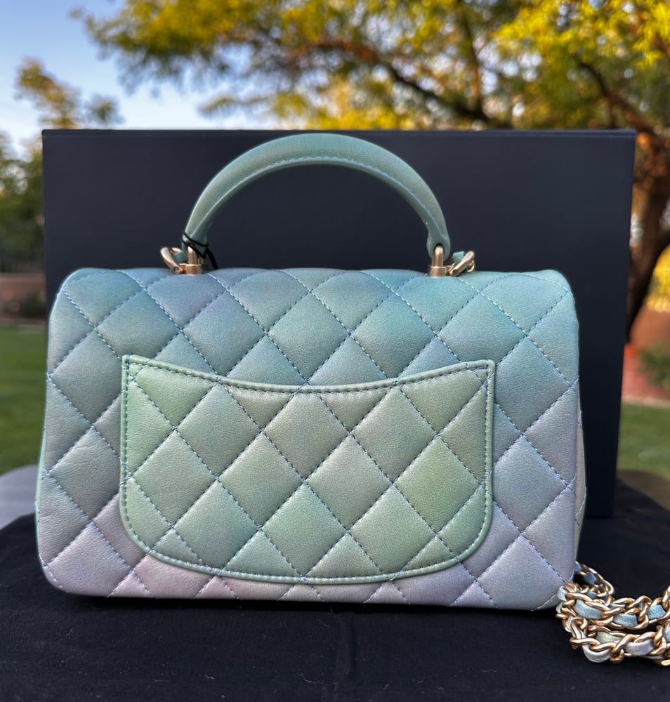 Image of NWT Chanel Mini Rectangular Flap Bag with Top Handle  Green Ombré Lambskin 