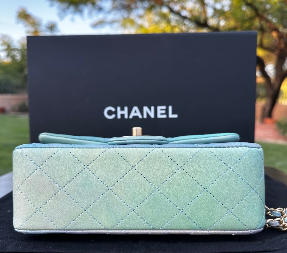 Image of NWT Chanel Mini Rectangular Flap Bag with Top Handle  Green Ombré Lambskin 