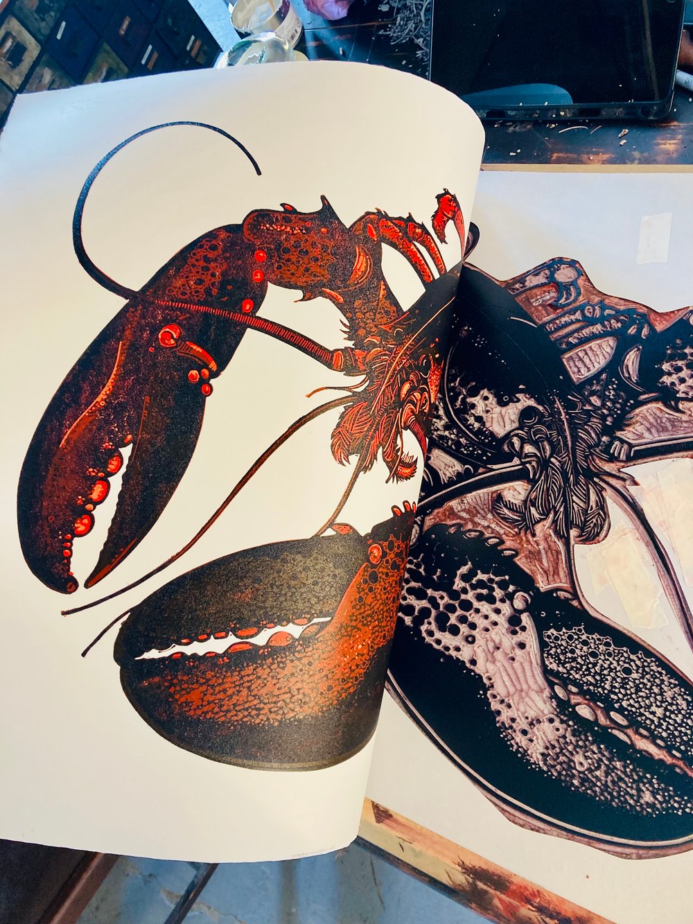 Lobster linocut print - 8 colours