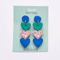 Image 1 of Heart shaped earrings, handpainted colourful wooden glitter dangle earrings