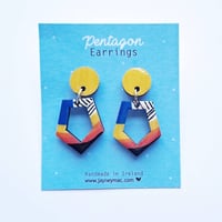 Dangle earrings, pentagon patterned blue and yellow earrings