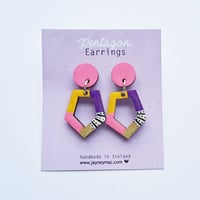 Dangle earrings, pentagon patterned pink and purple earrings