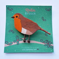 Image 2 of Robin bird brooch, handpainted wooden bird brooch