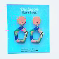 Dangle earrings, pentagon patterned blue and coral earrings