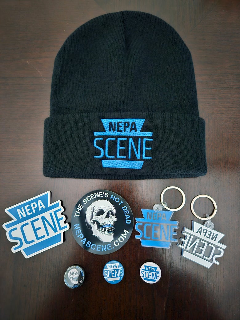 Image of NEPA Scene hats, magnets, keychains, and buttons