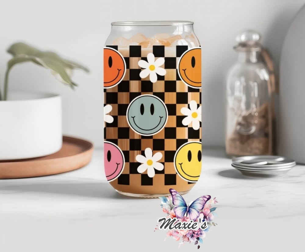 Image of ✨️ Double - Sided ✨️ Retro Smiley Floral Checkered Theme 16oz. UVDTF Cup Wrap 
