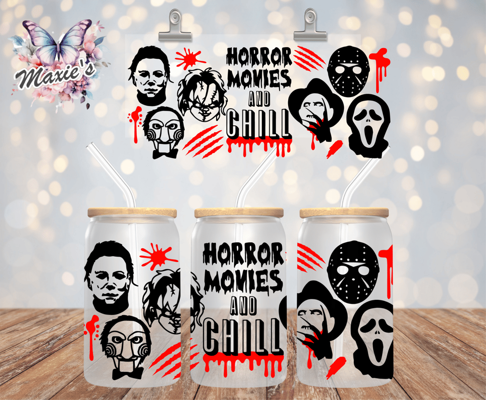 Image of ✨️ Double  - Sided ✨️ Horror Movies & Chill Graphic Design 16oz. UVDTF Cup Wrap 