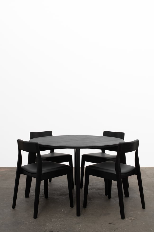 ROSE DINING CHAIR IN TORCHED TASMANIAN OAK WITH AN UPHOLSTERED LEATHER SEAT