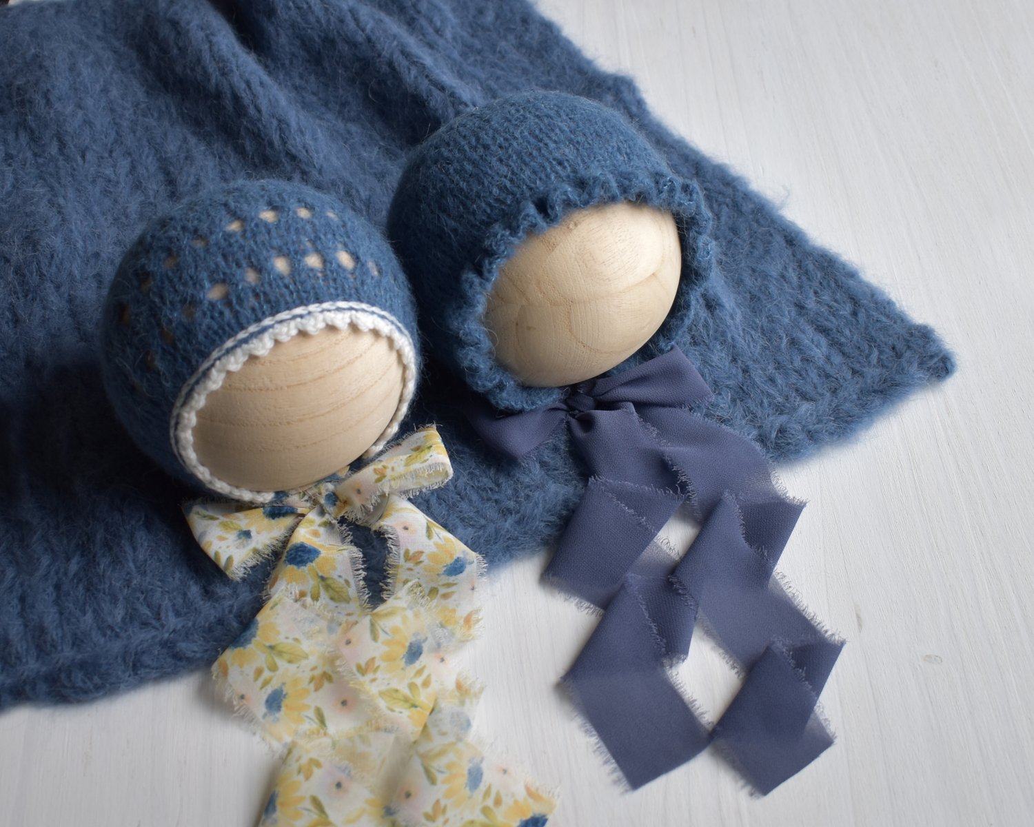 Image of Denim Blue Scalloped Bonnet & Wrap