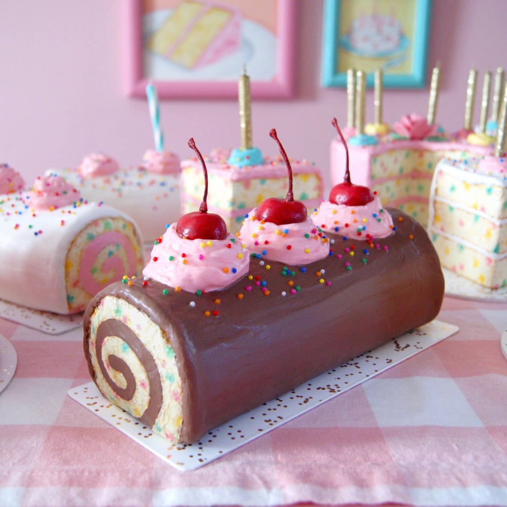 Image of Chocolate Funfetti Cake Roll mixed media sculpture 