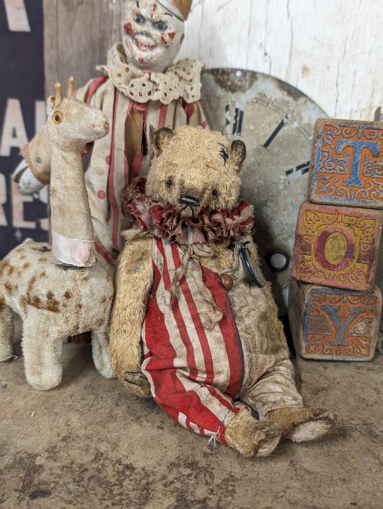 Image of 7" - Old Frumpy Toy Carnival Teddy Bear in romper outfit by Whendi's Bears