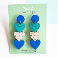 Image 2 of Heart shaped earrings, handpainted colourful wooden glitter dangle earrings