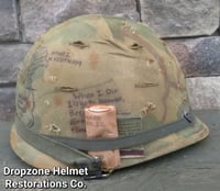 Image 4 of Vietnam M-1 Helmet & 1969 Liner Mitchell Camo Cover 1964 Sweatband. LBJ's Hired GUN's/ACE of SPADES