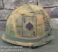 Image 2 of Vietnam M-1 Helmet & 1969 Liner Mitchell Camo Cover 1964 Sweatband. LBJ's Hired GUN's/ACE of SPADES