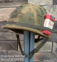 Image 3 of Vietnam M-1 Helmet & 1969 Liner Mitchell Camo Cover 1964 Sweatband. LBJ's Hired GUN's/ACE of SPADES