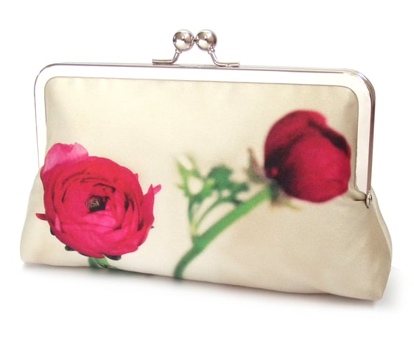 Image of Pink flower, printed silk clutch bag with chain handle