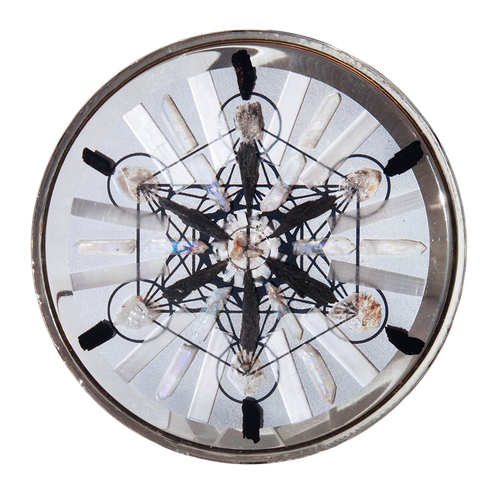 Image of 14" Plate:  Smoky Elestial/Tibetan DblTerm Quartz/Moonstone/Angel Aura/Black Kyanite/Selenite/METD