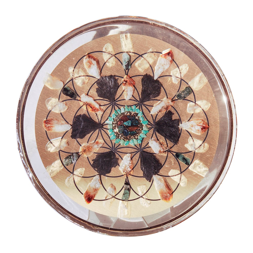 Image of 14" Plate:  Chalcopyrite/Pyrite/Amazonite/Citrine/Black Kyanite/Emerald/Brazilian Quartz/FOL