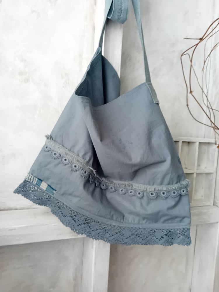 Image of Handmade French Blue Cotton Bag Ink Splattered Vintage Trimming Lightweight Cross Body