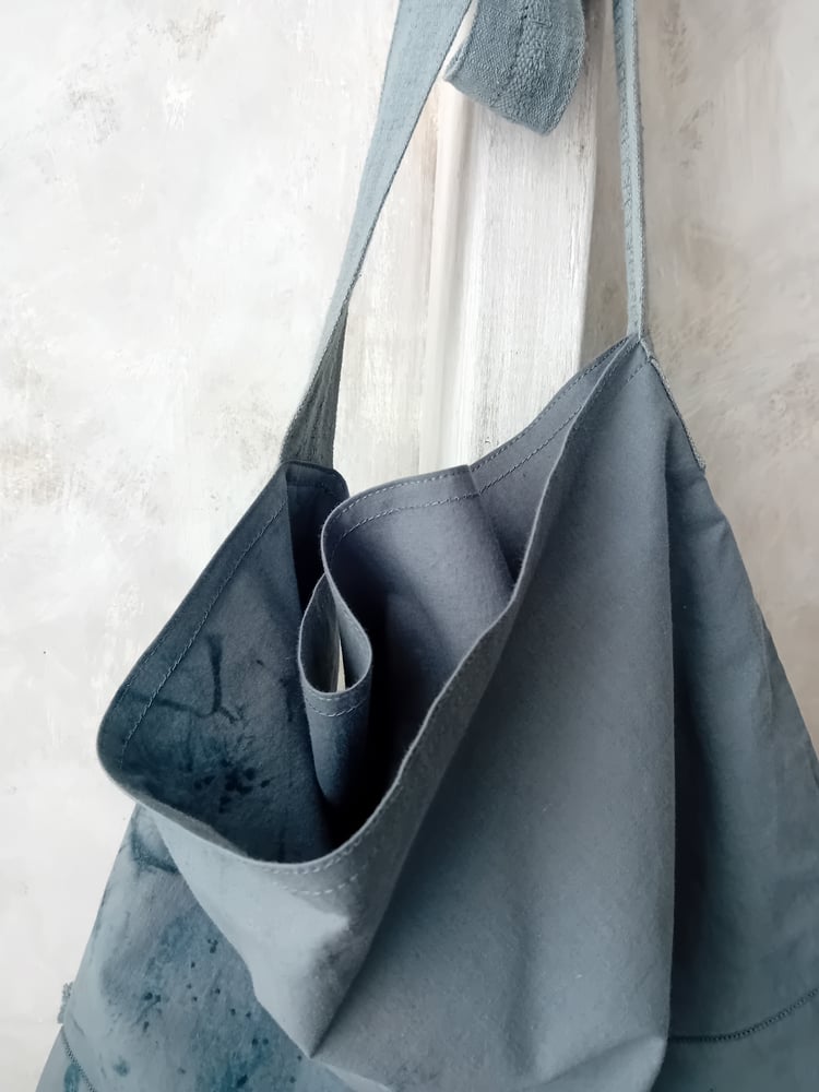 Image of Handmade French Blue Cotton Bag Ink Splattered Vintage Trimming Lightweight Cross Body