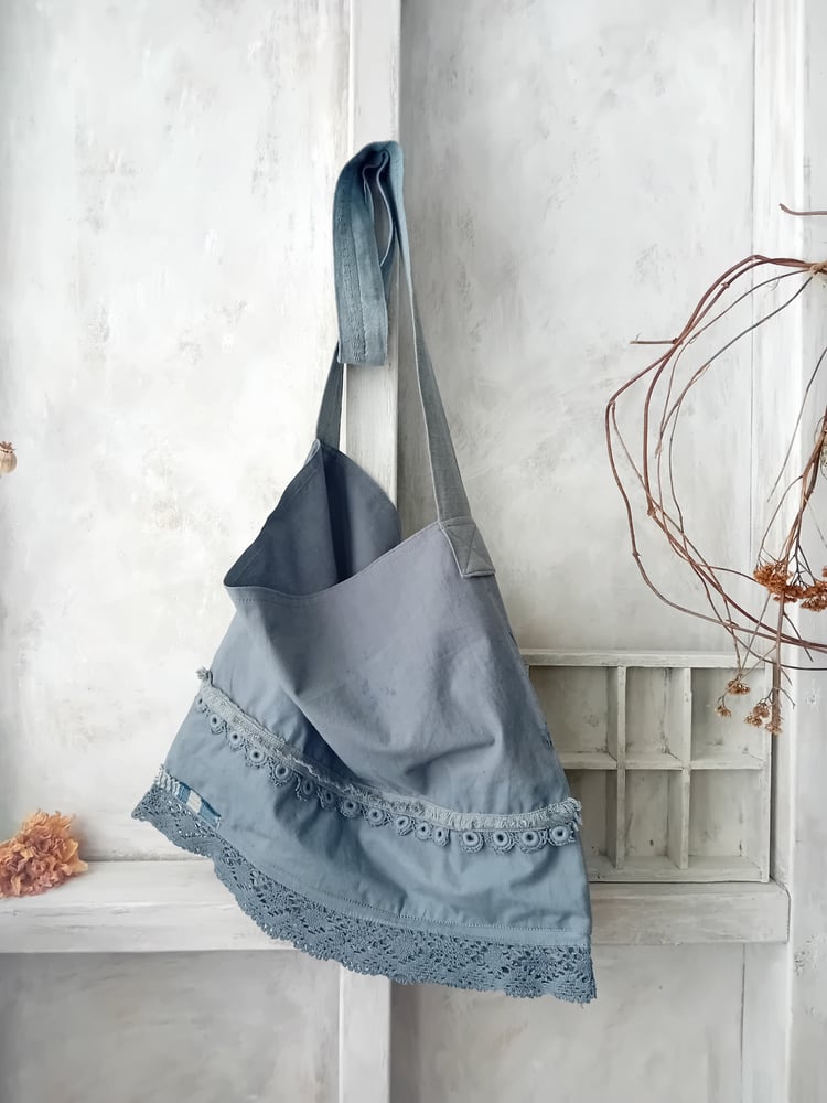 Image of Handmade French Blue Cotton Bag Ink Splattered Vintage Trimming Lightweight Cross Body