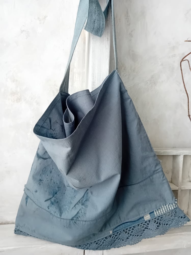 Image of Handmade French Blue Cotton Bag Ink Splattered Vintage Trimming Lightweight Cross Body