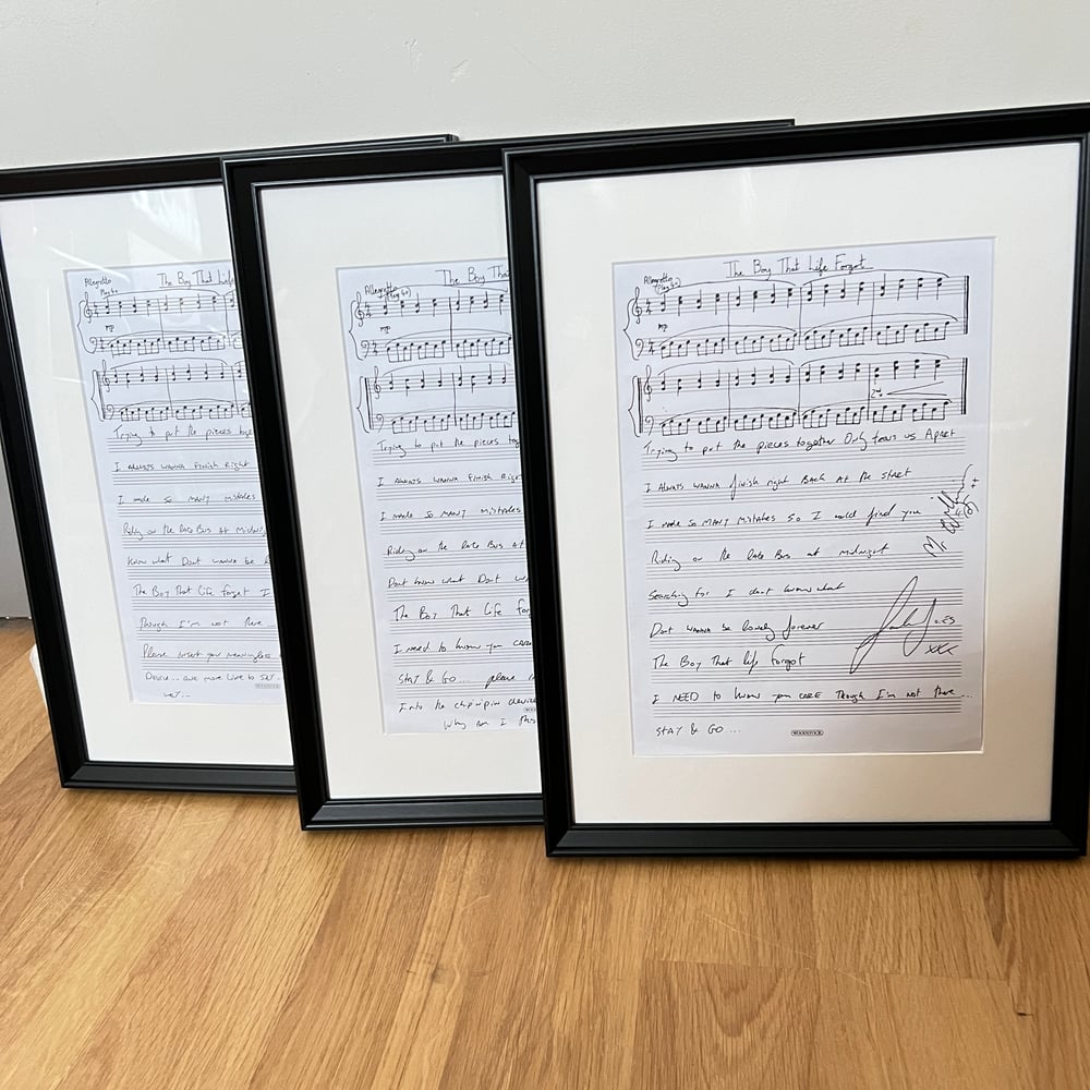 Framed handwritten & signed score The Boy That Life Forgot