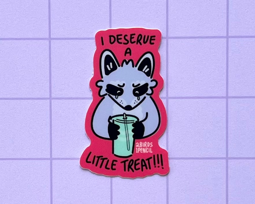 Image of Treat yourself raccoon mini vinyl sticker