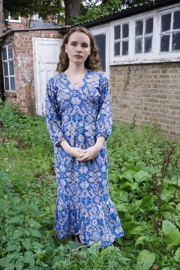 Image of The Adaline Dress in Block Print Blue Lupine