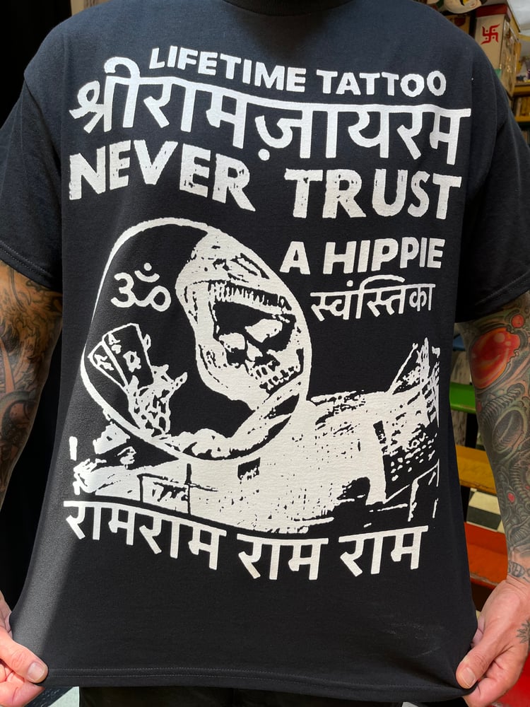 Image of Jai Ram Shri Ram Jai Jai Never Trust a Hippie Ram Black Tee