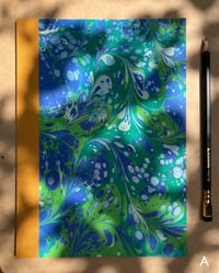Image 2 of Violet, Green and White Hand-Marbled Slim Lined Jotter- Bluebell Pattern