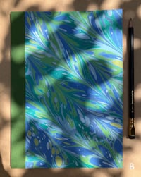 Image 1 of Violet, Green and White Hand-Marbled Slim Lined Jotter- Bluebell Pattern