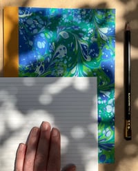 Image 4 of Violet, Green and White Hand-Marbled Slim Lined Jotter- Bluebell Pattern