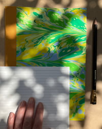 Image 2 of Yellow, Fresh Green and White Hand-Marbled Slim Lined Jotter- Daffodil Pattern