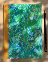 Image 1 of Fresh Green, White & Sky Blue Hand-Marbled Slim Lined Jotter- Imbolc/Snowdrop Pattern