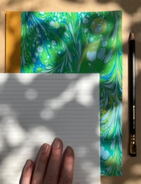 Image 2 of Fresh Green, White & Sky Blue Hand-Marbled Slim Lined Jotter- Imbolc/Snowdrop Pattern