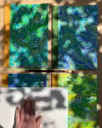 Image 4 of Fresh Green, White & Sky Blue Hand-Marbled Slim Lined Jotter- Imbolc/Snowdrop Pattern
