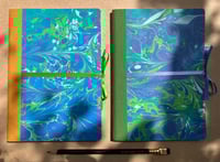 Image 3 of Violet, Blue & Green Hand-Marbled A5 Thick Lined Notebook- Bluebell Pattern